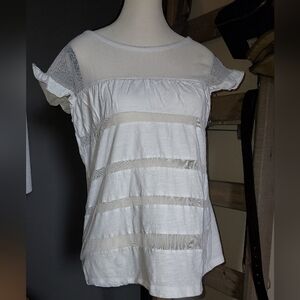 Sundance Catalog Women's White Mesh Striped Ruffled Sleeve Top Sz M